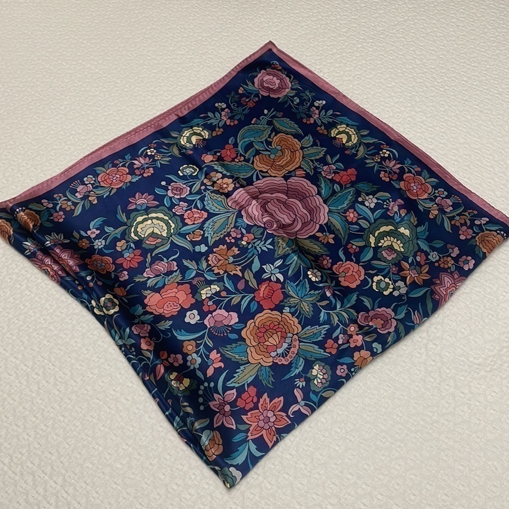 Floral Navy Silk-Feel Square Scarf with Pink Border